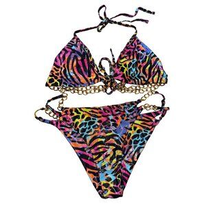 Animal Print Two Piece Bikini Gold Chains Halter‎ Top Triangle Swimsuit Wild XL